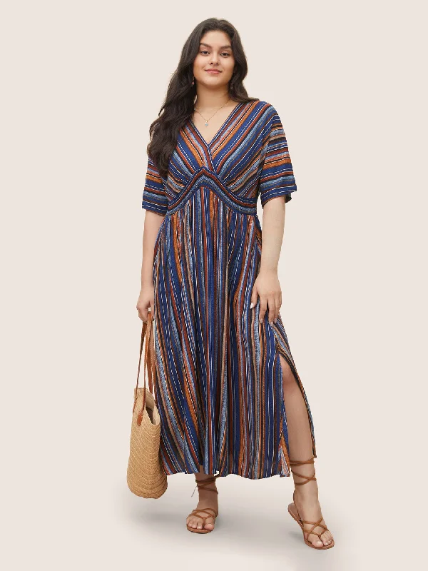 Striped Contrast Dolman Sleeve Shirred Pocket Split Flutter Dress Women Clothing