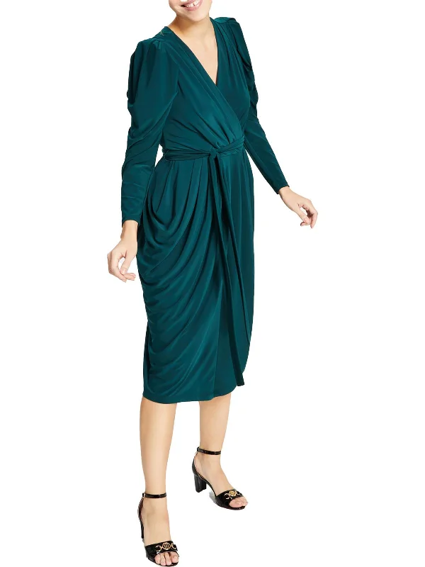 Juniors Womens V-Neck Midi Wrap Dress Women's Evening Wear