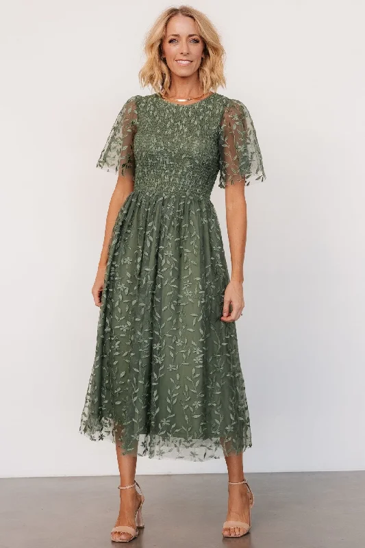 Kendra Embroidered Dress | Dark Sage Timeless Women's Outfit