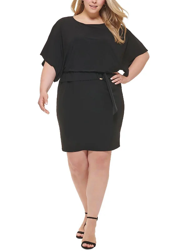 Plus Womens Blouson Belted Cocktail and Party Dress Discount Price