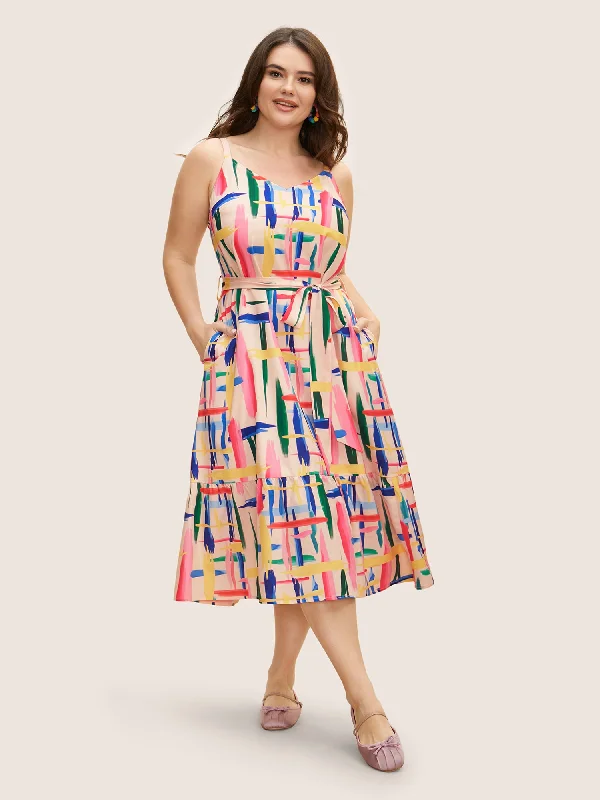 Colored Brush Print Belted Midi Cami Dress Women's Athletic Apparel