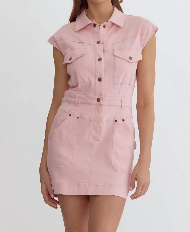 Denim Button Front Dress In Light Pink Women's Comfortable Clothes For Weekends