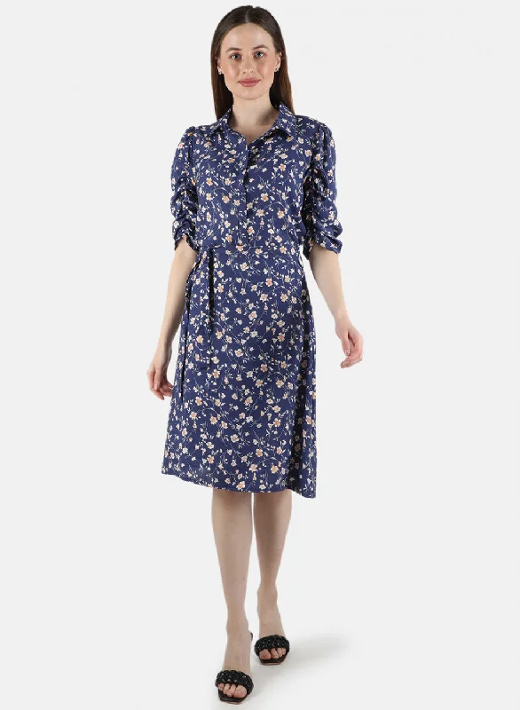 Women Navy Blue Printed Dress Chic Women's Clothing for Date Nights