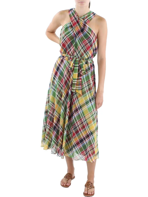 Womens Plaid Midi Halter Dress Women's Travel Outfit Set