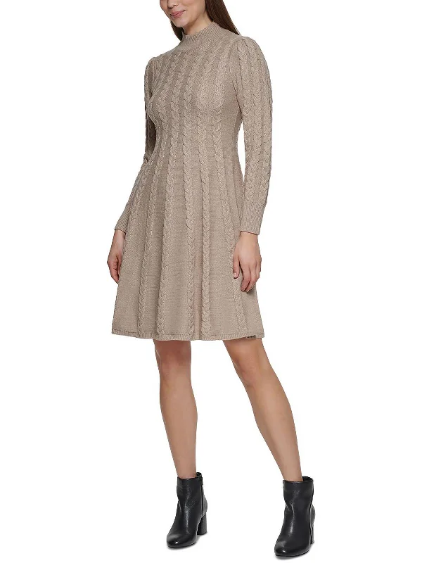 Petites Womens Mock Neck Cable Knit Sweaterdress Preppy Style