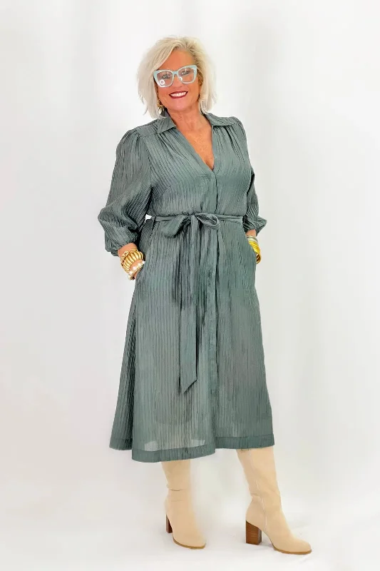 Seaweed Textured Belted Puff Sleeve Dress Women's Street Style Casual Wear