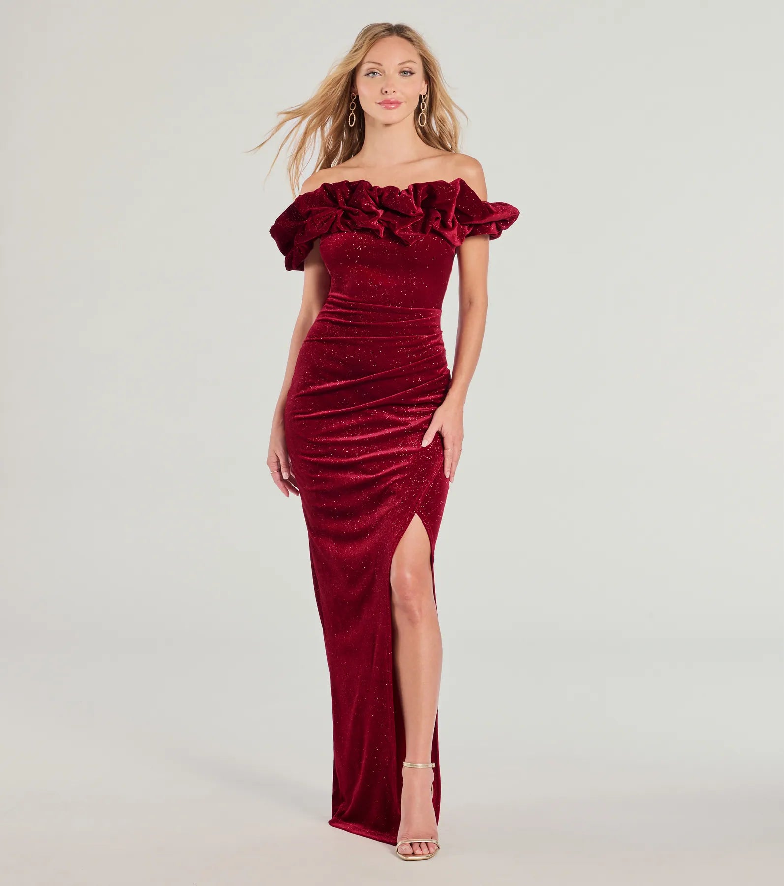 Florence Off-The-Shoulder Glitter Velvet Formal Dress Stylish Women's Garments