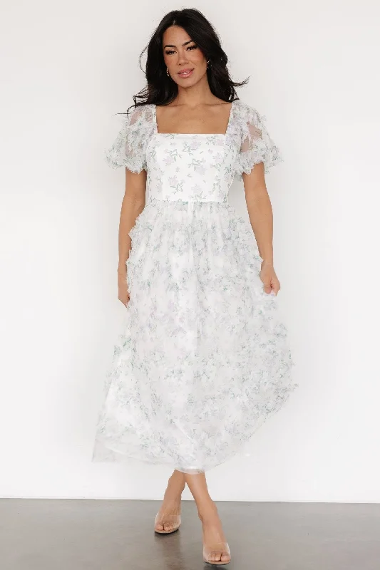 Kiera Ruffle Dress | Off White + Lavender Women's Transitional Attire