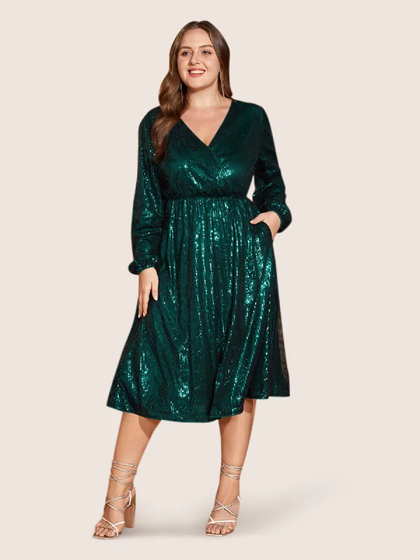 Solid Pocket Lantern Sleeve Wrap Sequin Dress Clothing Brands