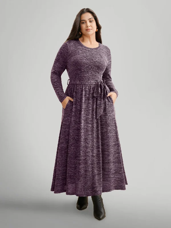 Round Neck Heather Belted Dress Women's Clothing Online Sale