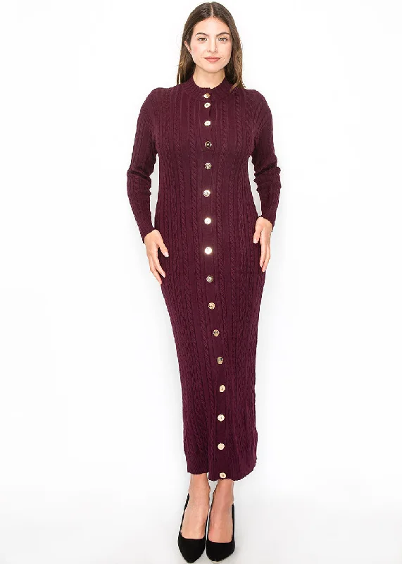 Burgundy Cable Knit Button-Down Dress Women's Sports Apparel