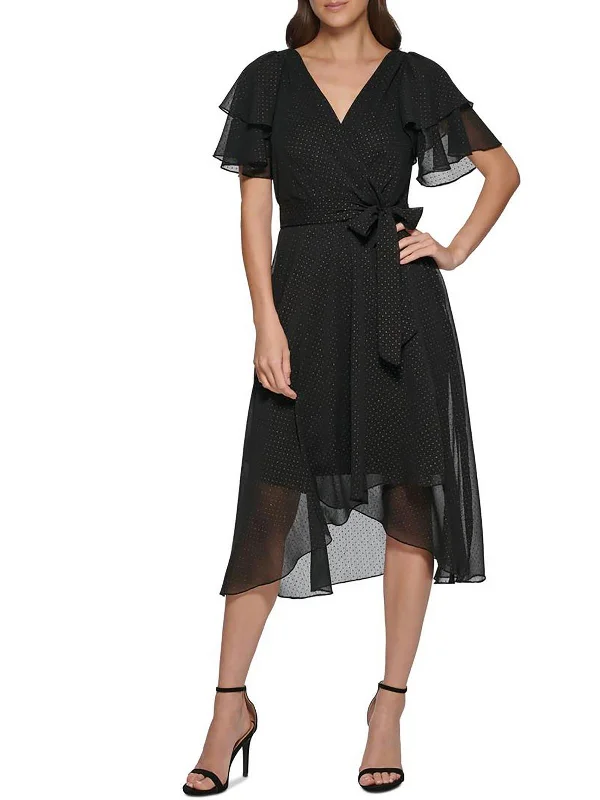 Womens Pleated Midi Wrap Dress Women's Chic Outerwear Outfit