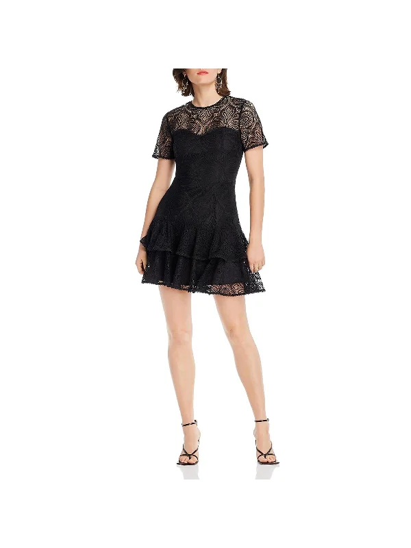 Maya Womens Lace Ruffle Hem Fit & Flare Dress Women's Evening Garments