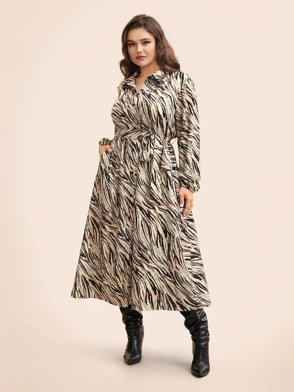 Zebra Print Shirt Collar Belted Dress Trendy Women's Dresses Online