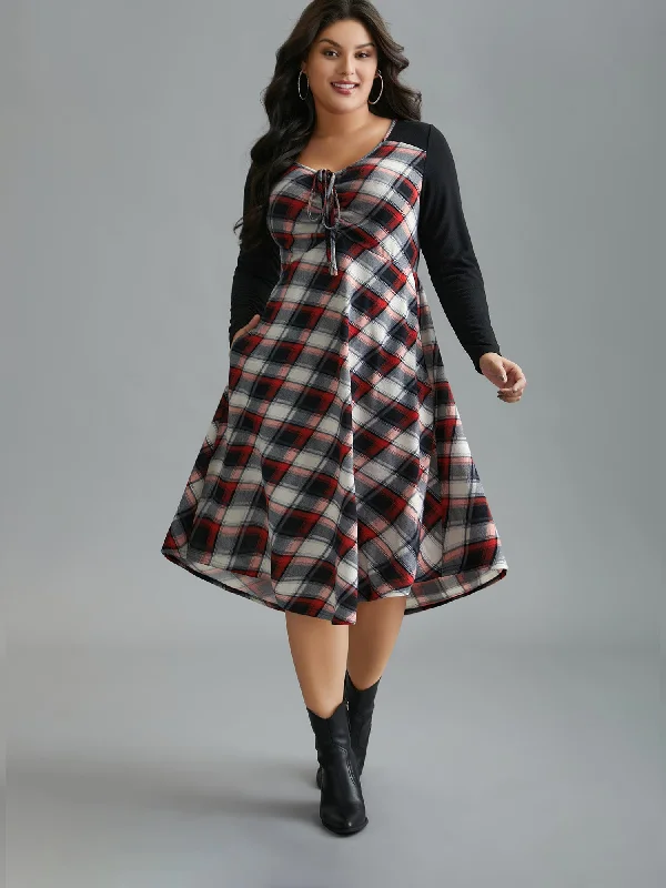 Plaid Patchwork Ties Curved Hem Dress Sophisticated Women's Fashion