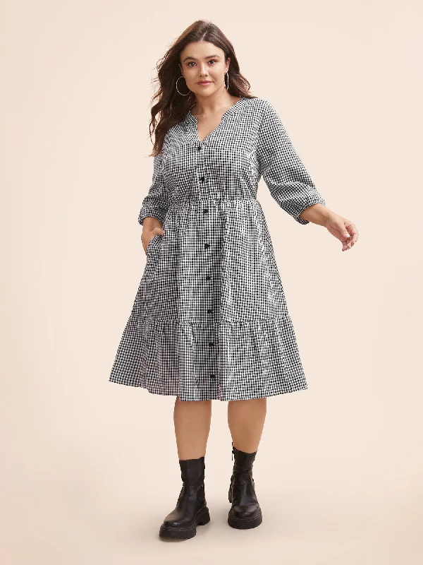 Gingham Notched Ruffle Hem Lantern Sleeve Dress End of Season Sale