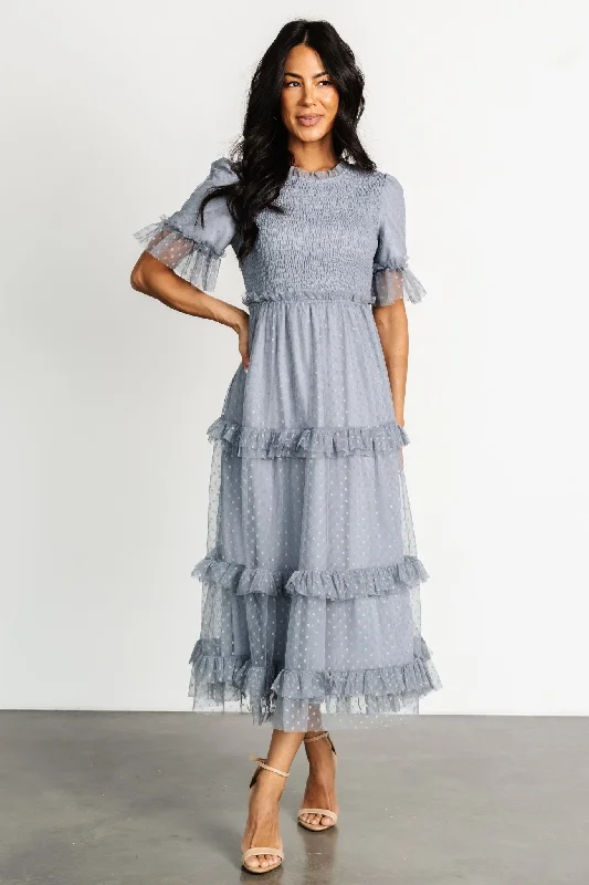 Lysandra Smocked Dot Dress | Dusty Slate Trendy Women's Apparel