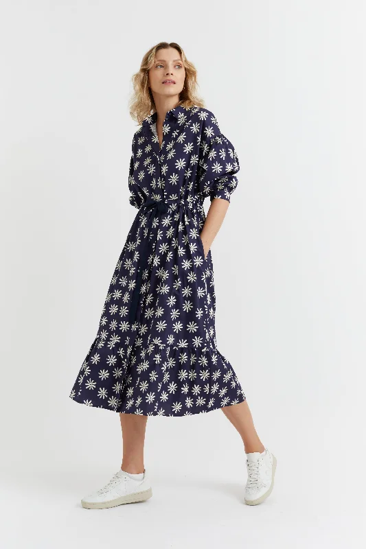 Navy Cotton Ditsy Daisy Tea Dress Women's Active Clothing