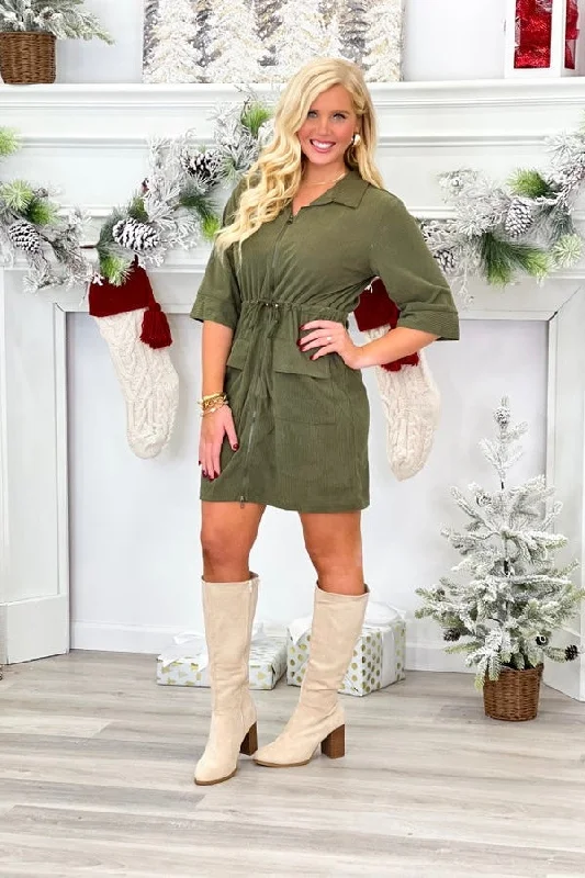 Olive Corduroy Zip Up Dress Women's Evening Outfit