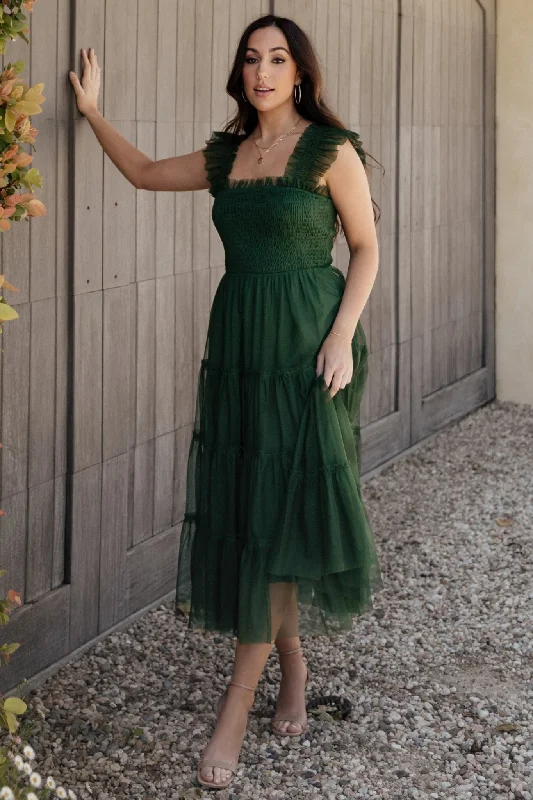 Emma Smocked Tulle Dress | Green Women's Street Style Casual Wear