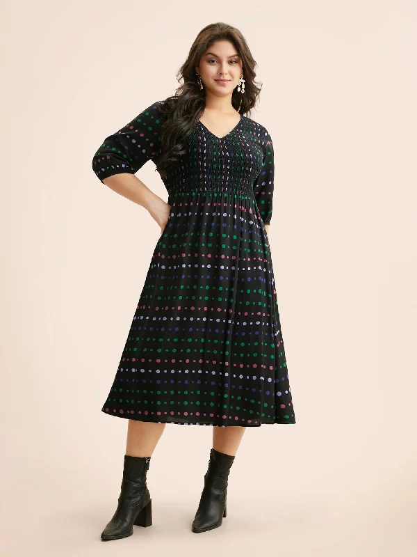 Polka Dot Shirred Lantern Sleeve Dress Women's Outfit For The Office