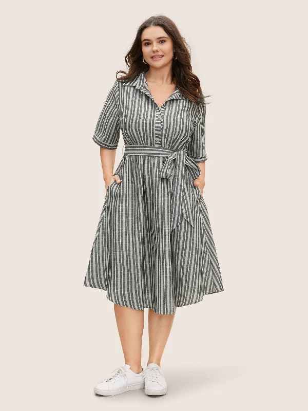 Shirt Collar Striped Button Up Belted Dress Women's Clothes For Work