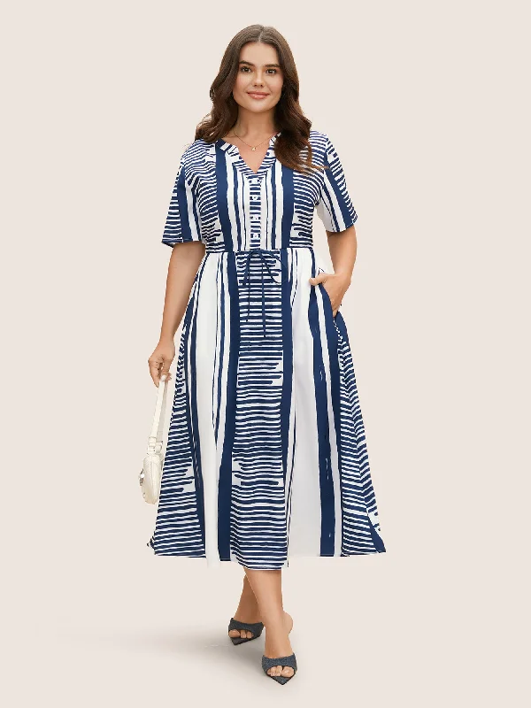 Notched Collar Striped Patchwork Drawstring Dress Stylish Clothes For Women