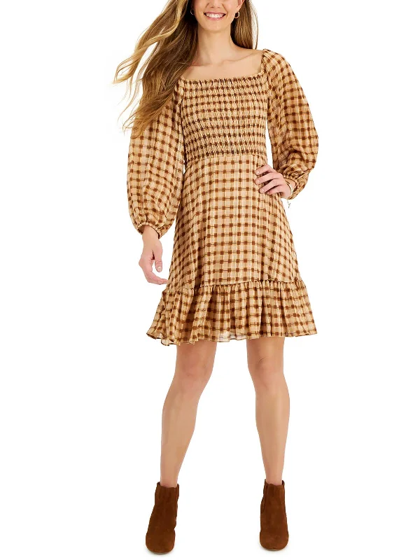 Petites Womens Plaid Smocked Fit & Flare Dress Women's Clothing for Every Season and Trend