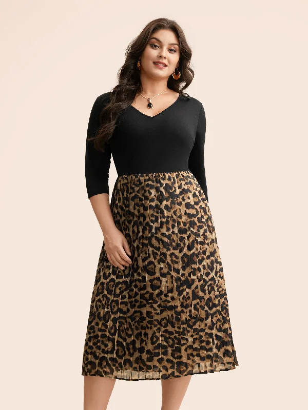 V Neck Leopard Print Patchwork Dress High-End Women's Apparel