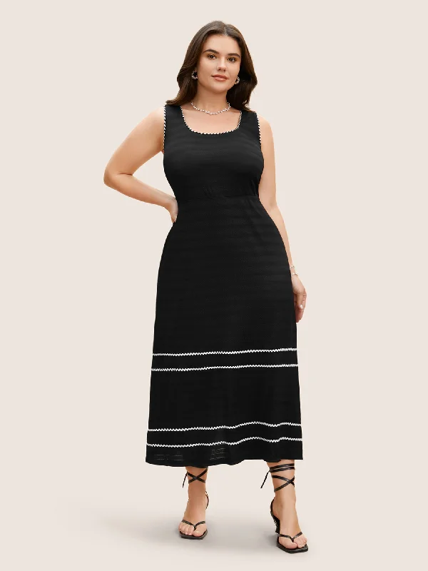 Square Neck Contrast Webbing Split Hem Dress Vintage-Inspired Women's Apparel