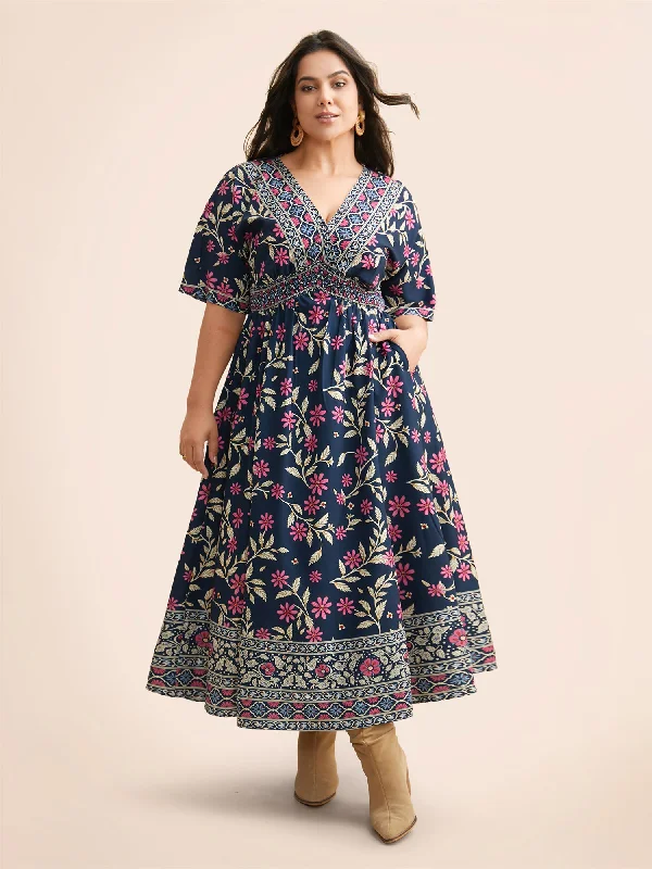 Boho Print Overlap Collar Shirred Dress Women's Travel Attire