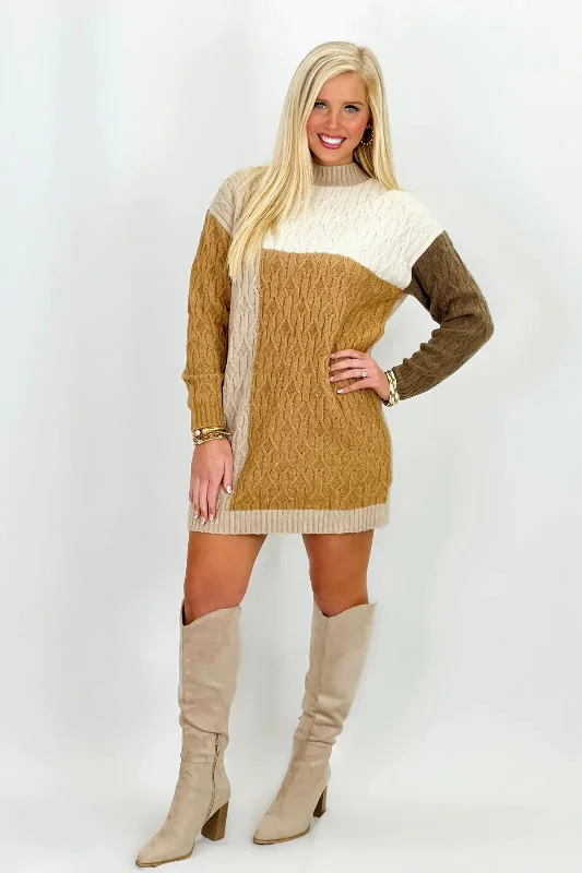 Taupe Color Block Crew Neck Sweater Dress Easygoing Women's Style