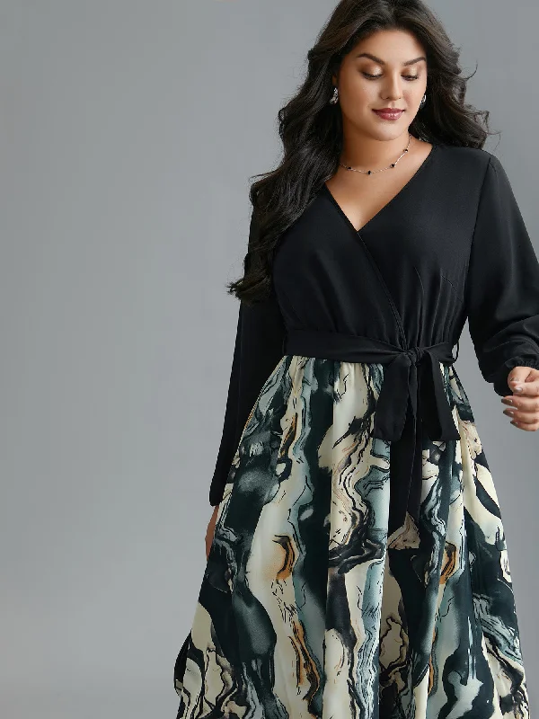 Surplice Neck Marble Print Belted Dress Flash Sale Online