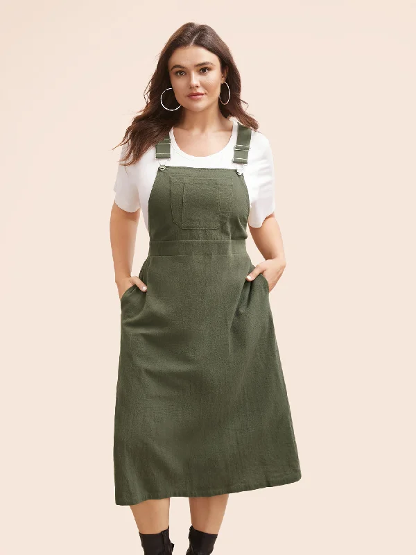 Solid Patched Pocket Overall Dress Clothing For Women