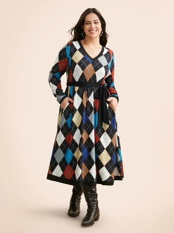 V Neck Colorblock Contrast Belted Dress Casual and Comfortable Outfits