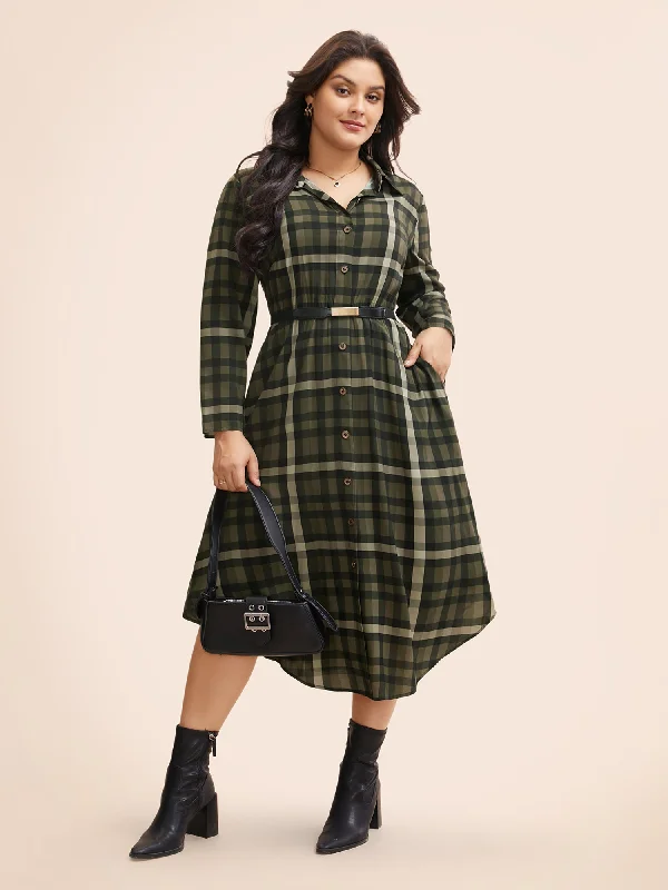 Plaid Shirt Collar Curved Hem Dress Sophisticated Style