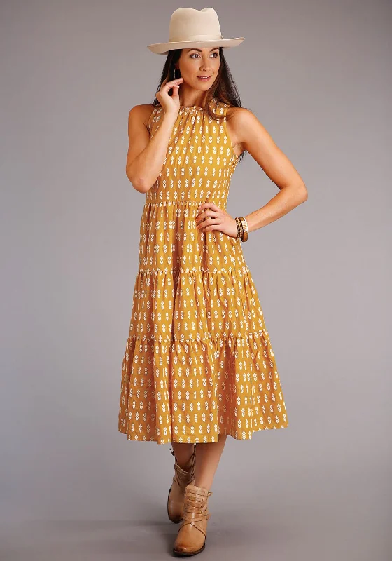 Stetson Womens Yellow 100% Cotton Aztec Schiffli S/L Dress Elegant Clothing For Women