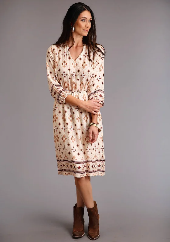 Stetson Womens Cream Rayon/Nylon Gaucho Border 3/4 Sleeve Dress Women's Outerwear Clothing