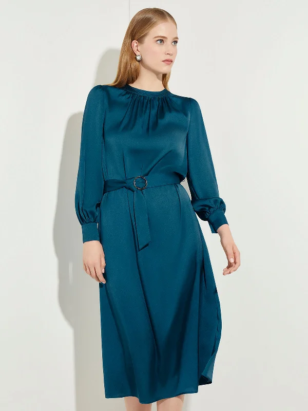 Gathered Neck Belted Crepe de Chine Dress Comfortable Women's Clothing