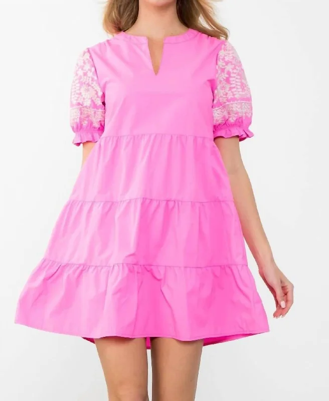 Tiered Embroidered Sleeve Dress In Pink Comfortable Women's Clothing