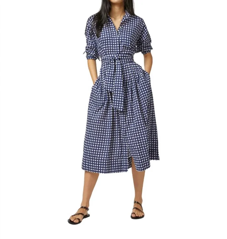 Kimono Shirtwaist Dress In Navy/ Ivory Gingham Seersucker Women's Evening Clothing