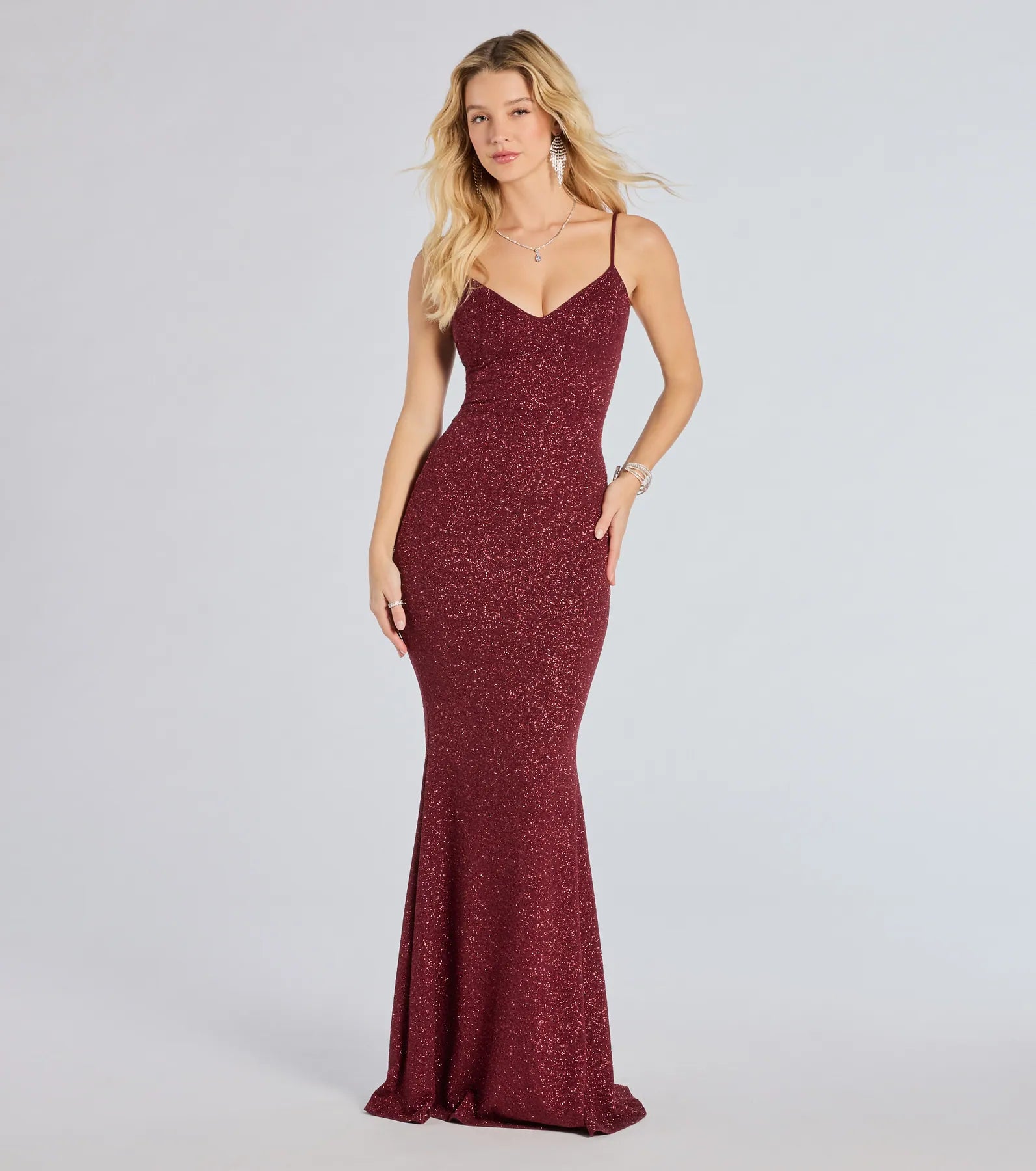 Tricia V-Neck Open Back Mermaid Glitter Formal Dress Women's Trendy Garments