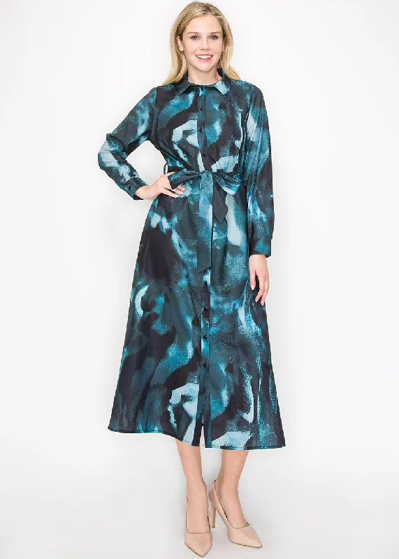 Turquoise Brushstroke Button-Down Dress Women's Everyday Apparel