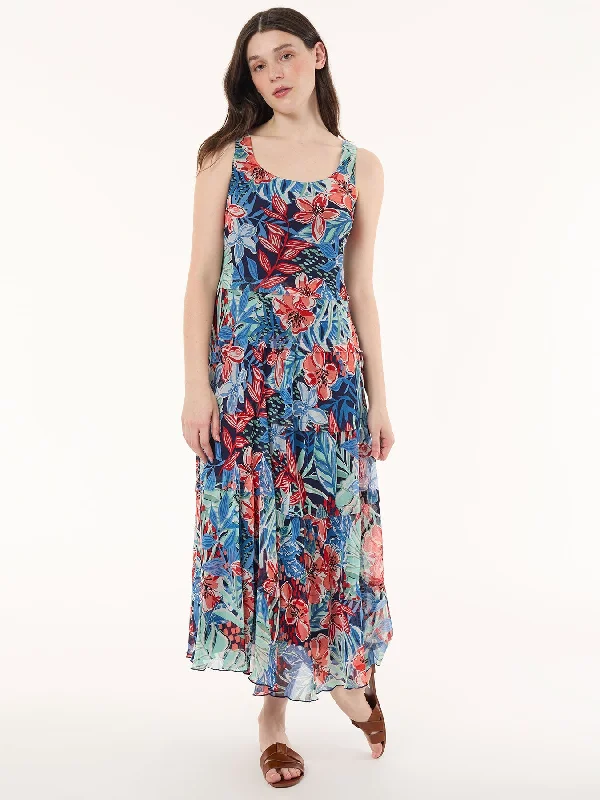 Maxi Multi-Tiered Dress, Printed Chiffon Chic Clothes For Women