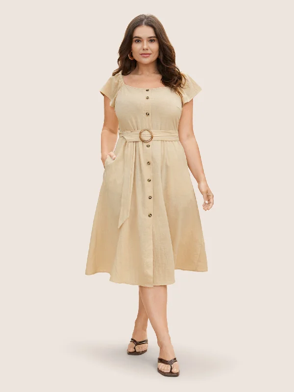 Cotton Solid Buckle Detail Ruffle Cap Sleeve Dress Casual Clothes For Women