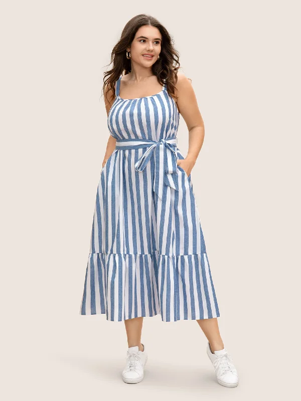 Striped Linen Blend Ruffle Layered Hem Dress Women's Elegant Clothing Sets