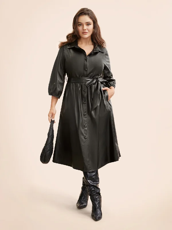 Shirt Collar PU Leather Belted Dress Fashion-forward Women's Wear