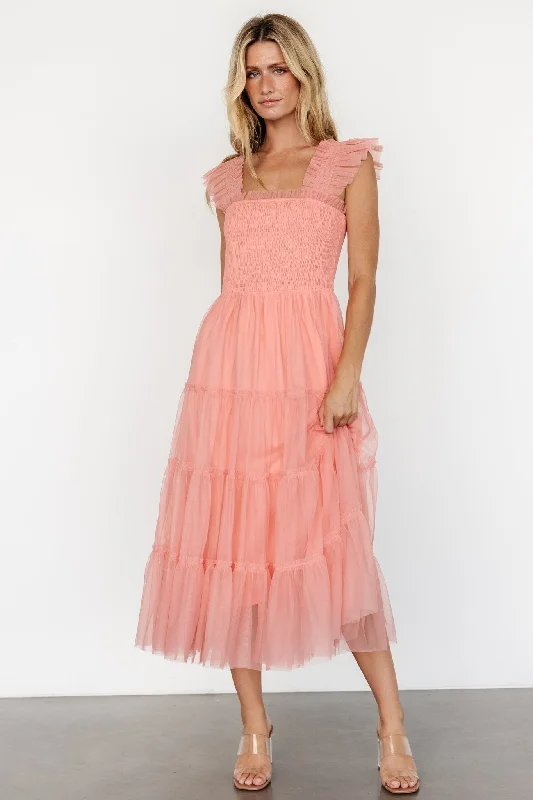 Emma Smocked Tulle Dress | Coral Elegant Women's Attire