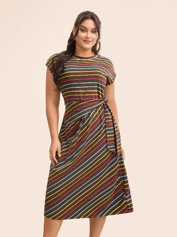 Colored Striped Tie Knot Cap Sleeve Dress Clothes Women