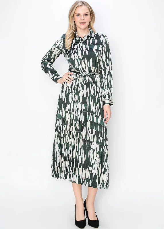 Green Abstract Print Pleated Dress Women's Elegant Apparel